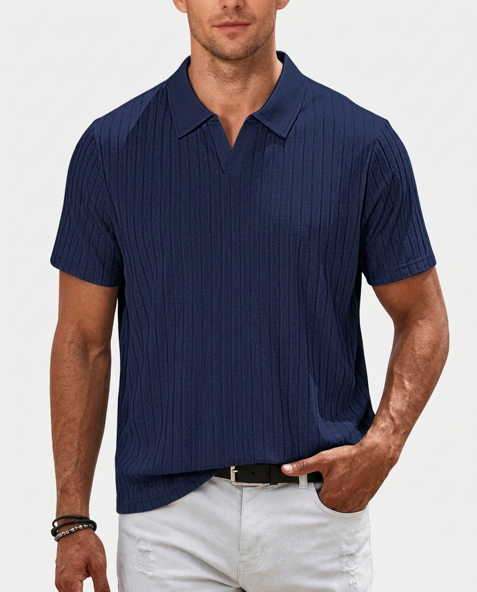 Brooks Ribbed Open-Collar Polo — Navy | Hudson & Wells