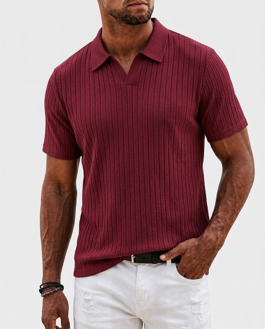 Brooks Ribbed Open-Collar Polo — Red | Hudson & Wells