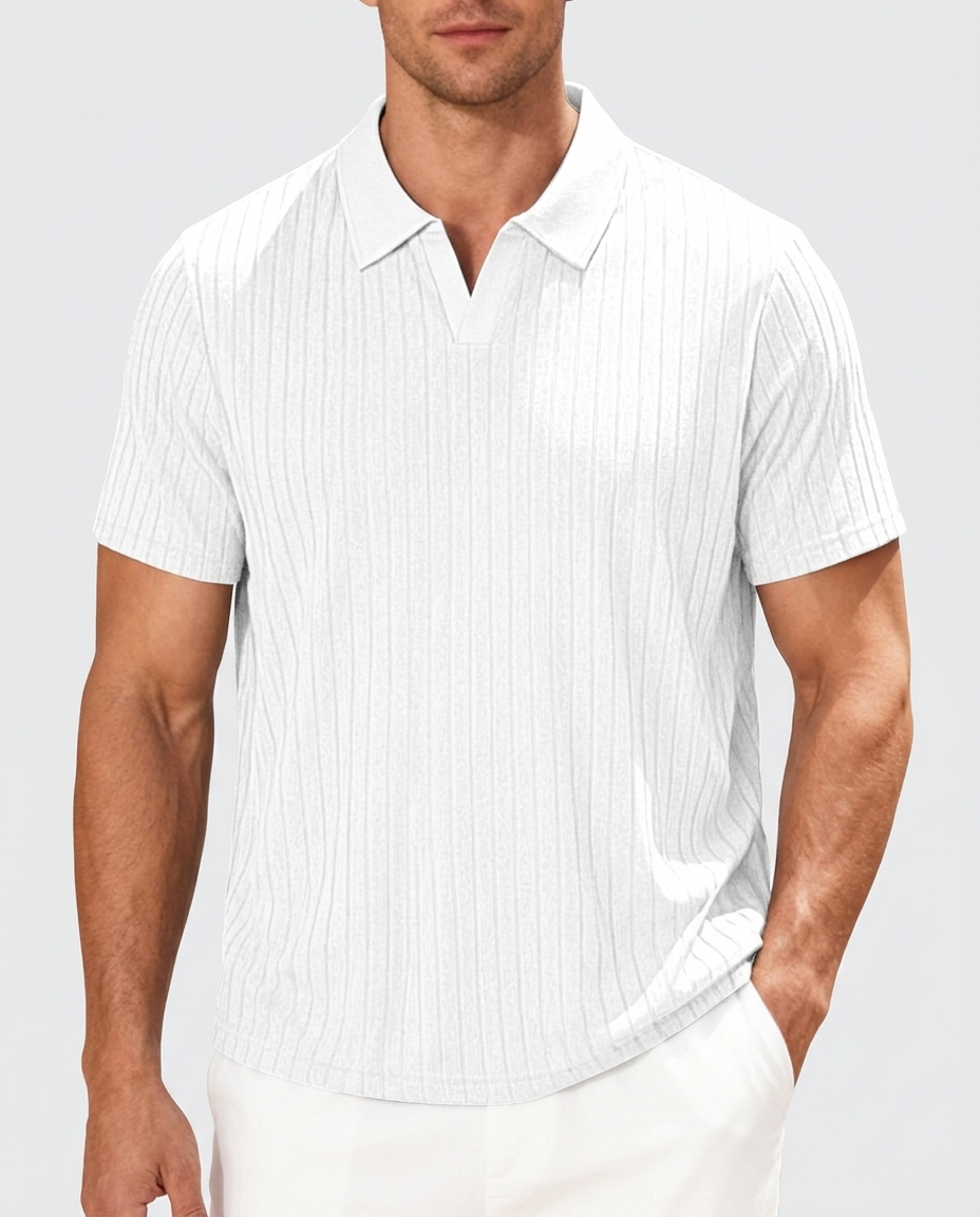 Brooks Ribbed Open-Collar Polo — White | Hudson & Wells