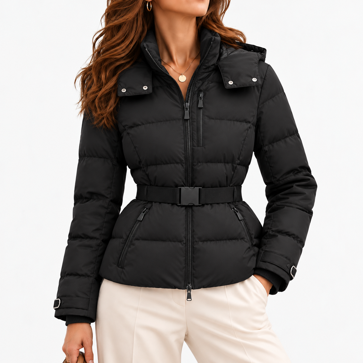 Carlene Soft Puffer Jacket, Belted Waist — Black | Hudson & Wells