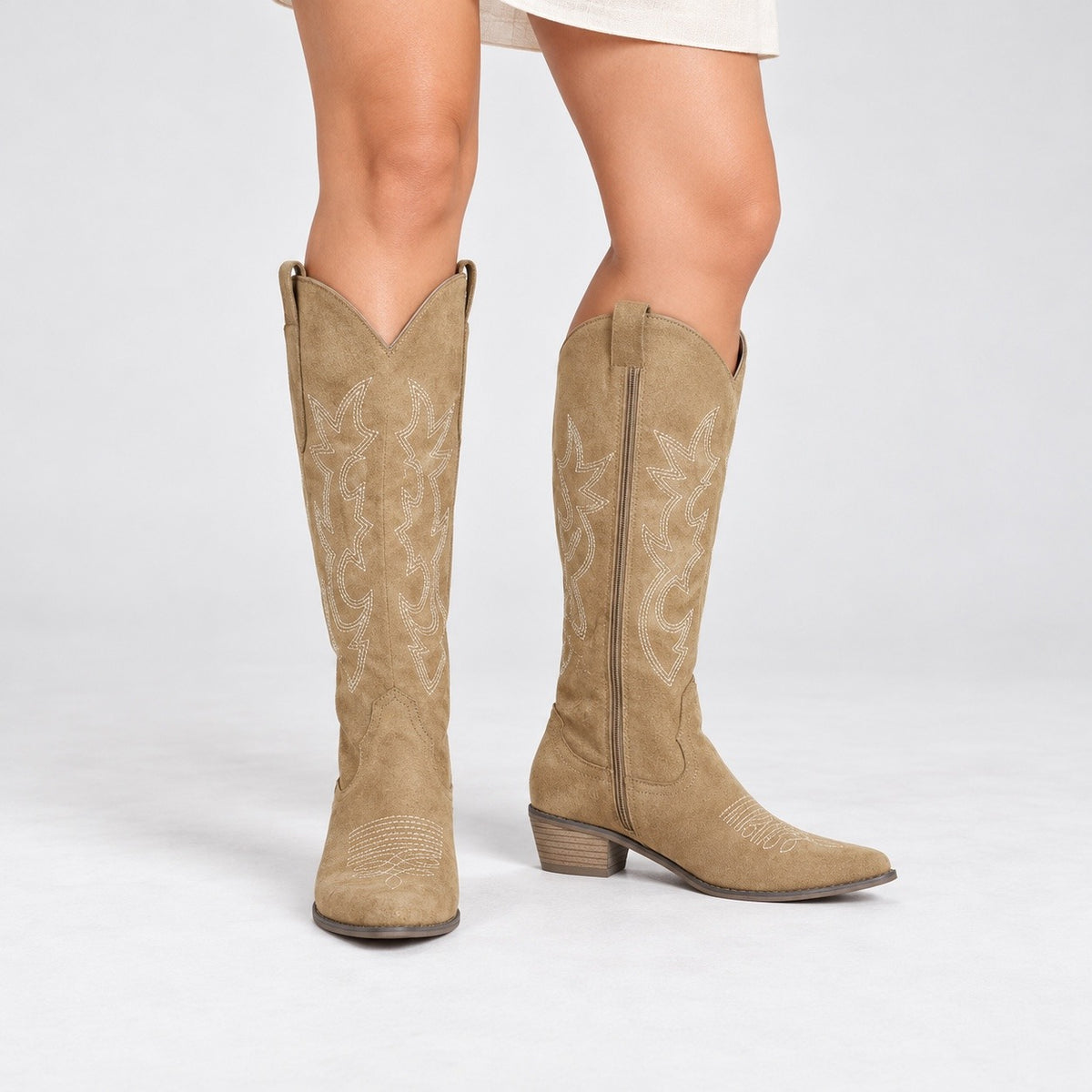 Cassidy Soft Embroidered Western Boots — Khaki | Hudson & Wells