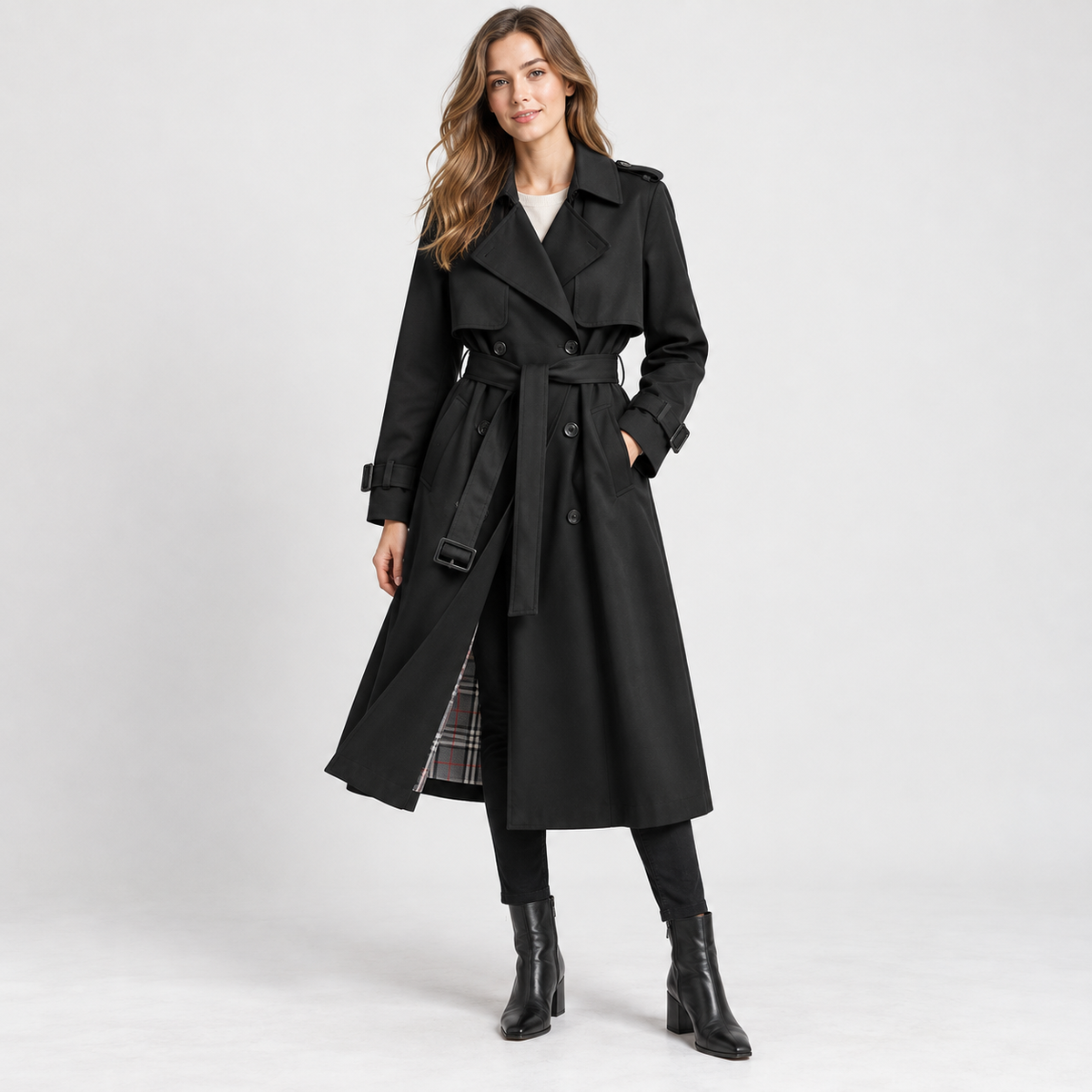 Charlene Tailored Belted Trench Coat — Black – Plaid Lining | Hudson & Wells