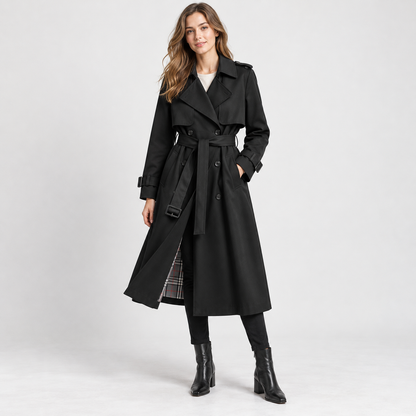 Charlene Tailored Belted Trench Coat — Black – Plaid Lining | Hudson & Wells