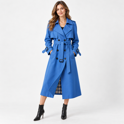 Charlene Tailored Belted Trench Coat — Blue – Plaid Lining | Hudson & Wells