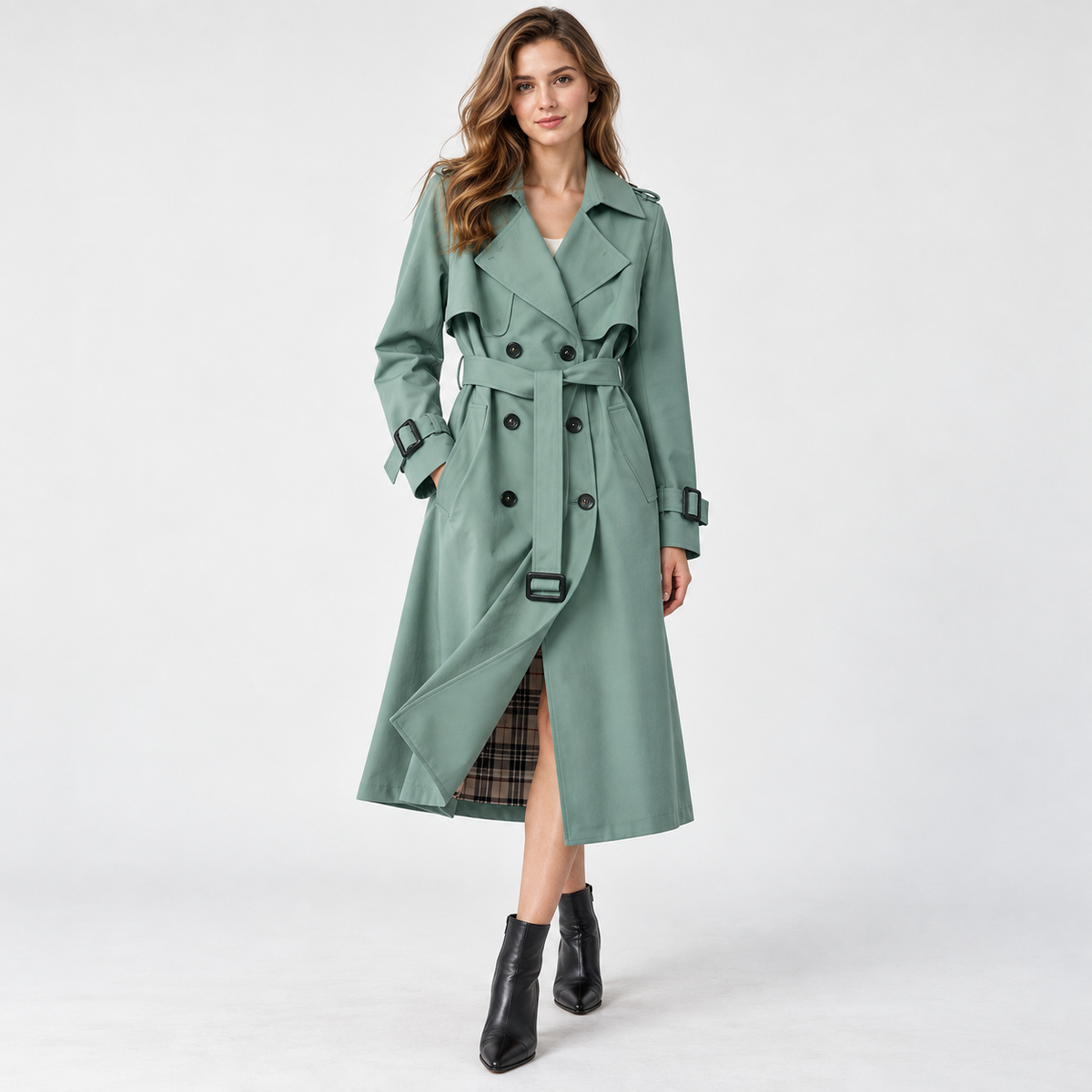 Charlene Tailored Belted Trench Coat — Green – Plaid Lining | Hudson & Wells