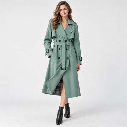 Charlene Tailored Belted Trench Coat — Green – Plaid Lining | Hudson & Wells