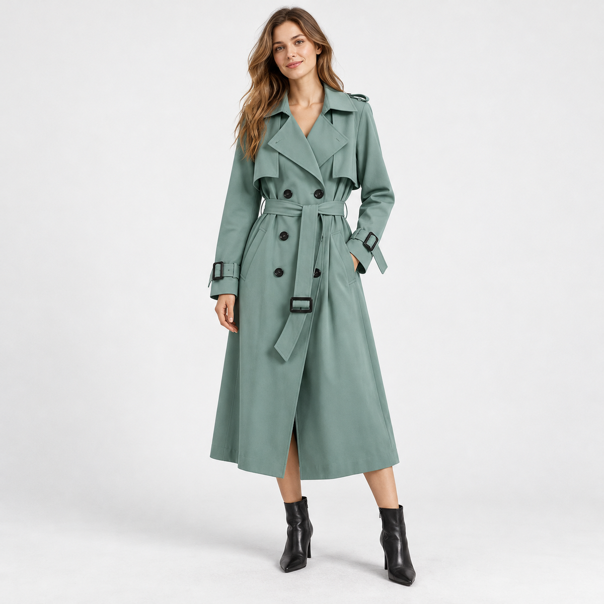 Charlene Tailored Belted Trench Coat — Green – Plain Lining | Hudson & Wells