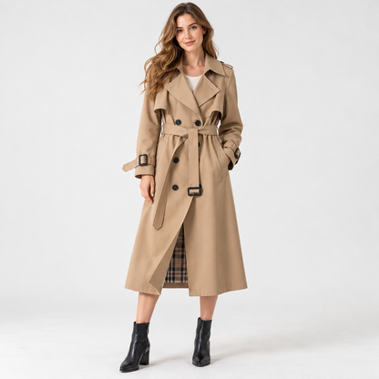 Charlene Tailored Belted Trench Coat — Khaki – Plaid Lining | Hudson & Wells