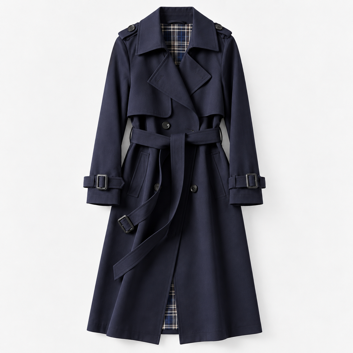 Charlene Tailored Belted Trench Coat — Navy – Plaid Lining | Hudson & Wells