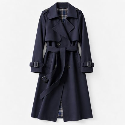 Charlene Tailored Belted Trench Coat — Navy – Plaid Lining | Hudson & Wells
