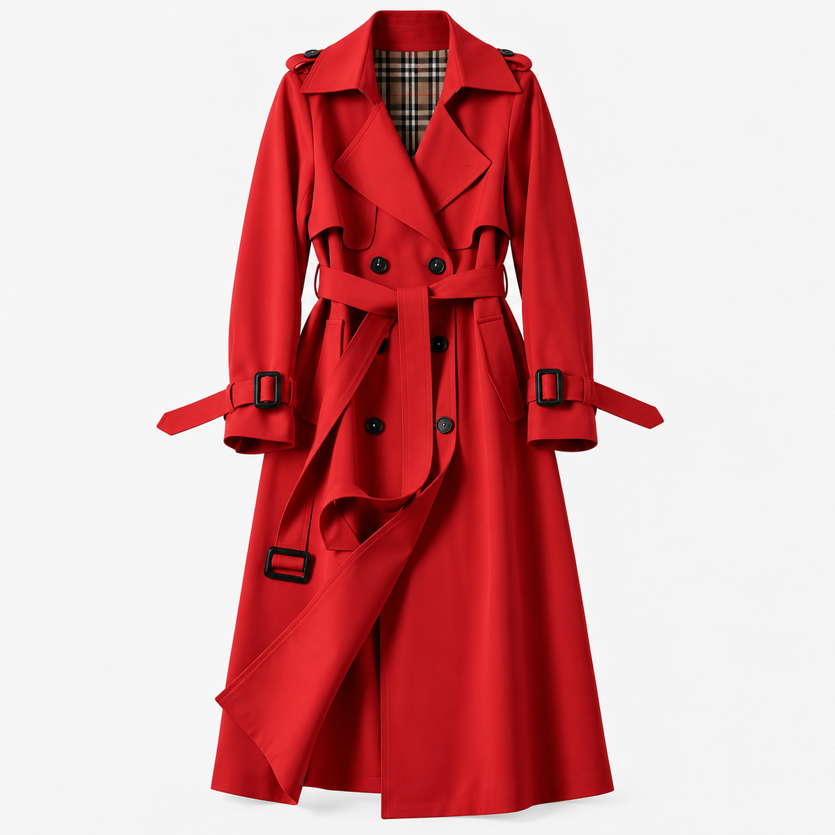 Charlene Tailored Belted Trench Coat — Red – Plaid Lining | Hudson & Wells
