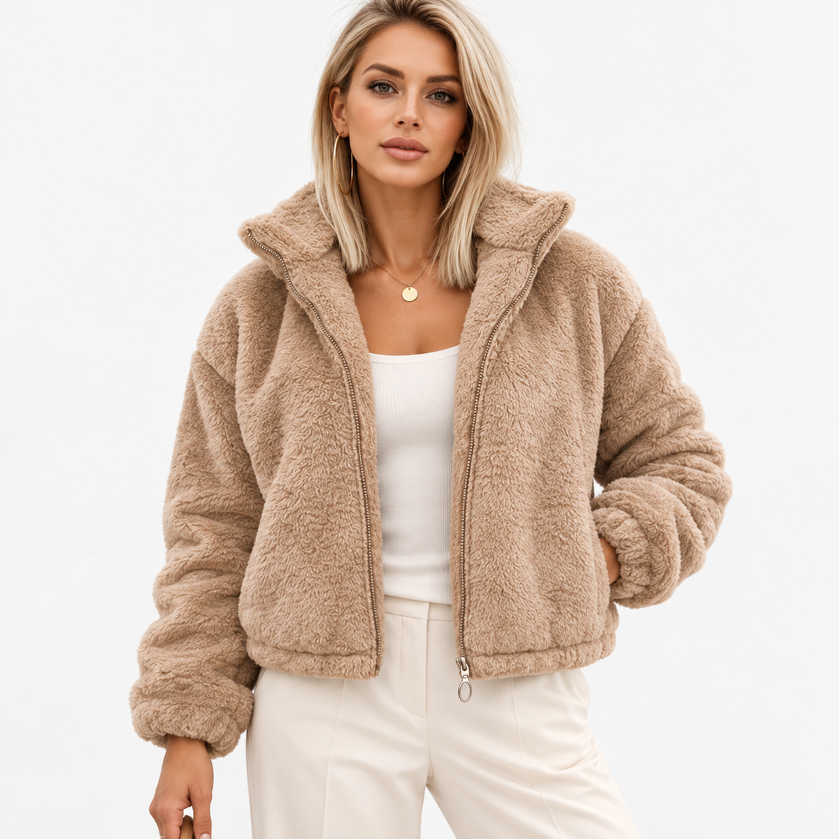 Darla Stretch Zip-Up Jacket — Beige | Hudson & Wells