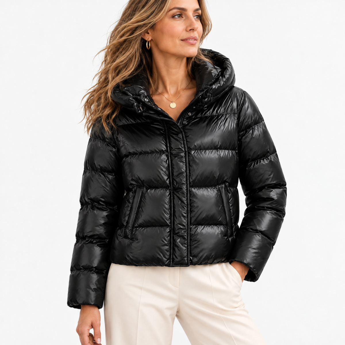 Delilah Comfort Cropped Puffer Jacket, Hooded — Black | Hudson & Wells