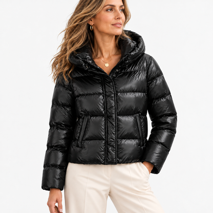 Delilah Comfort Cropped Puffer Jacket, Hooded — Black | Hudson & Wells