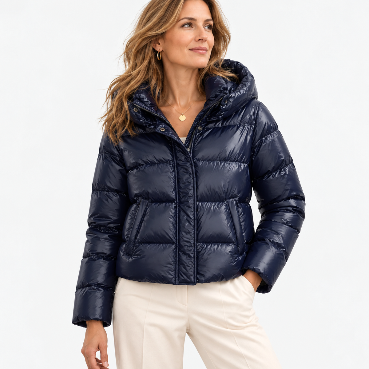 Delilah Comfort Cropped Puffer Jacket, Hooded — Navy | Hudson & Wells