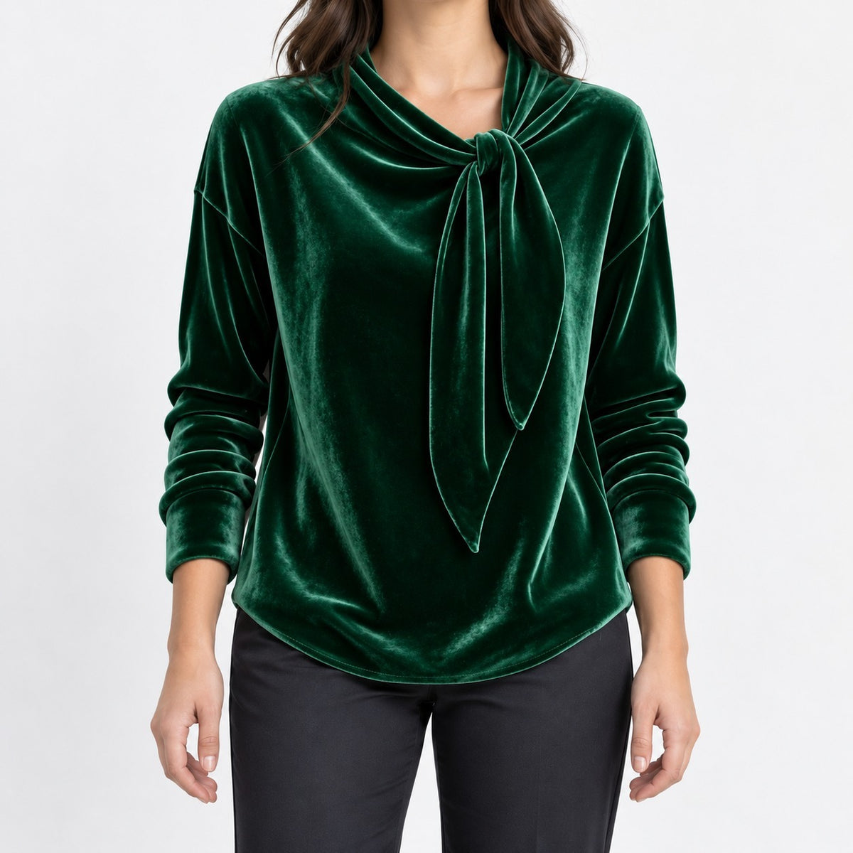 Dinah Relaxed Fit Tie-Neck Blouse — Dark Green | Hudson & Wells