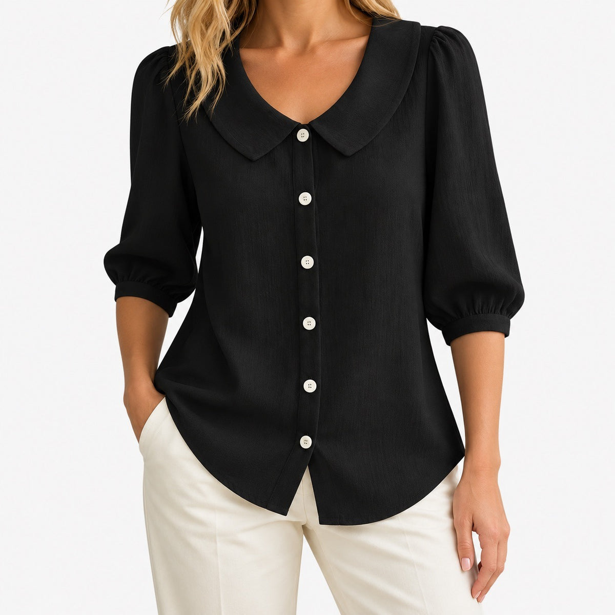 Doreen Relaxed Fit Peter Pan Collar Blouse — Black | Hudson & Wells