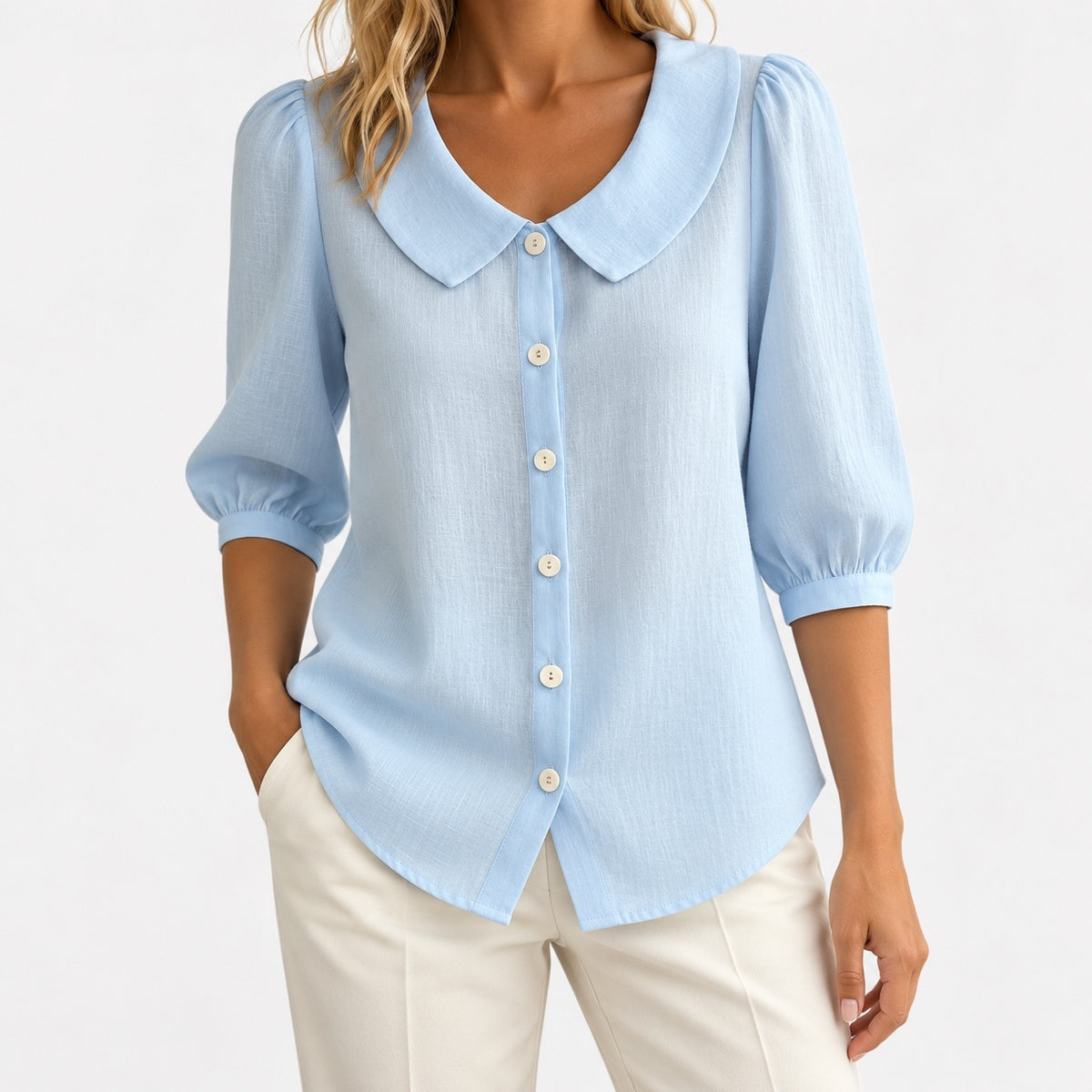 Doreen Relaxed Fit Peter Pan Collar Blouse — Light Blue | Hudson & Wells