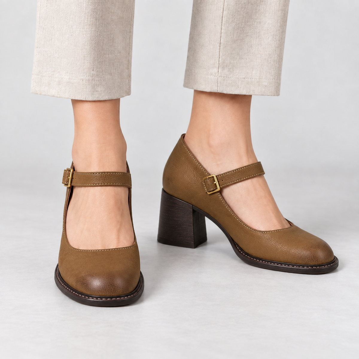 Dorothy Women's Everyday Comfort Mary Jane Pumps, Block Heel — Khaki | Hudson & Wells