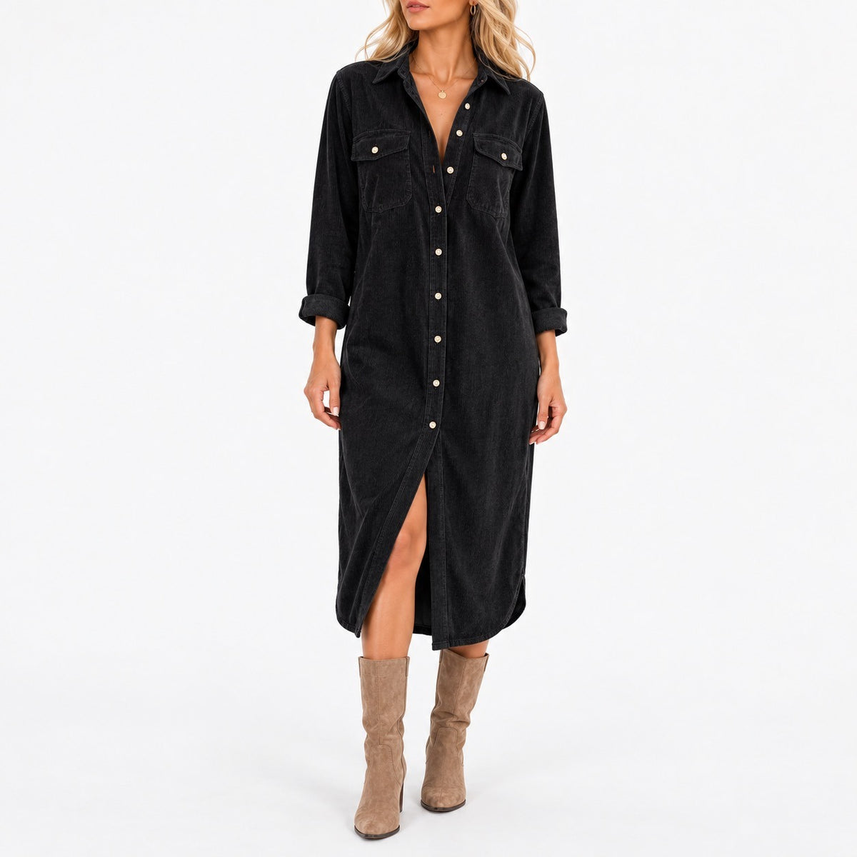 Edwina Relaxed Fit Midi Shirt Dress — Black | Hudson & Wells