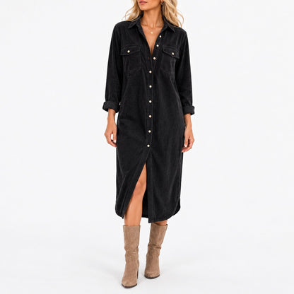 Edwina Relaxed Fit Midi Shirt Dress — Black | Hudson & Wells