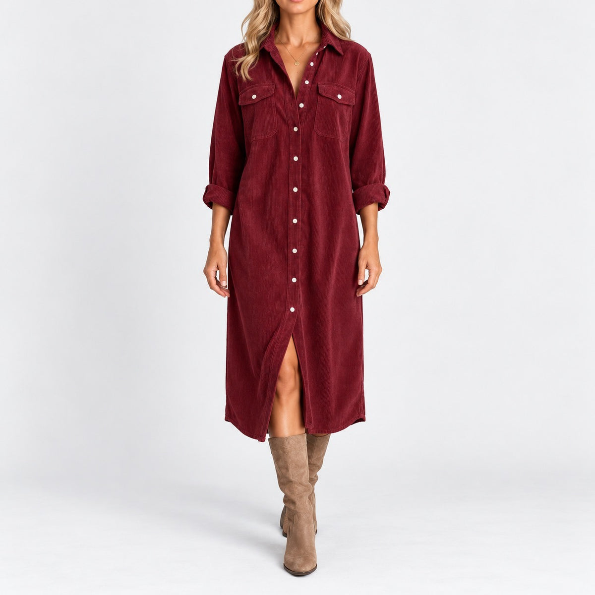 Edwina Relaxed Fit Midi Shirt Dress — Burgundy | Hudson & Wells