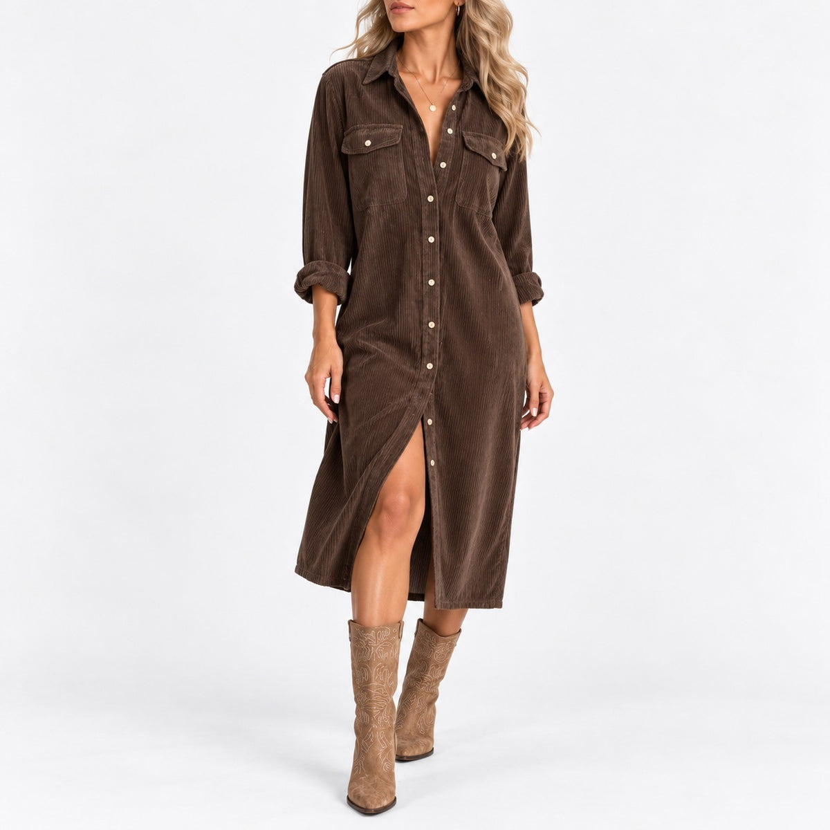 Edwina Relaxed Fit Midi Shirt Dress — Coffee | Hudson & Wells