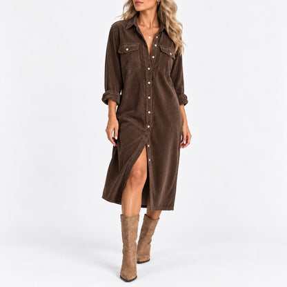 Edwina Relaxed Fit Midi Shirt Dress — Coffee | Hudson & Wells