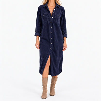 Edwina Relaxed Fit Midi Shirt Dress — Navy | Hudson & Wells