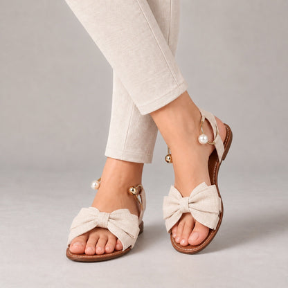 Effie Easy Slip-On Bow Flat Sandals — Beige | Hudson & Wells