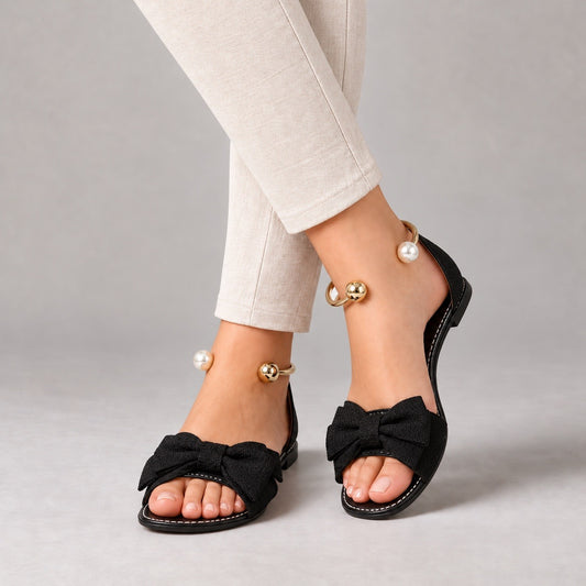 Effie Easy Slip-On Bow Flat Sandals — Black | Hudson & Wells