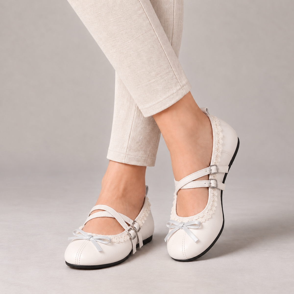Ellen Comfort Lace-Trim Mary Jane Shoes — Beige | Hudson & Wells