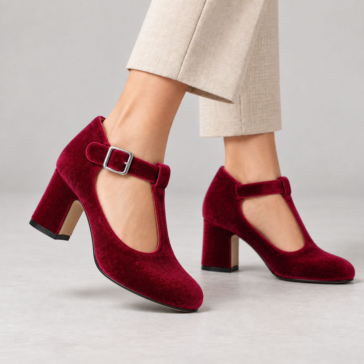 Esther Women's Soft Velvet Mary Jane Pumps, T-Bar Strap | Hudson & Wells