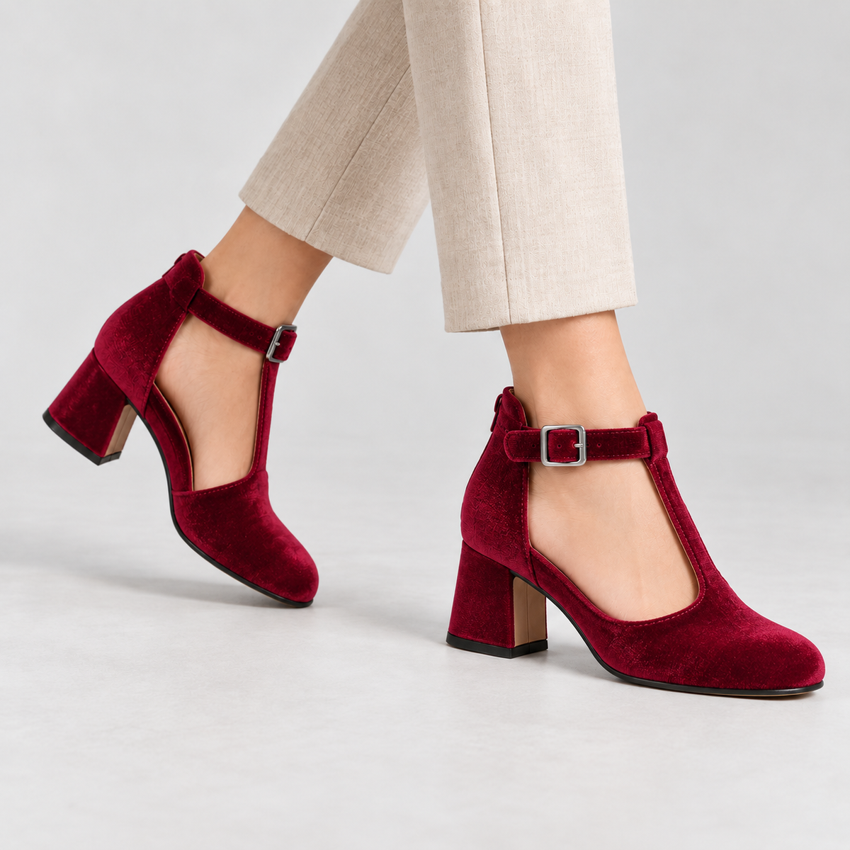 Esther Women's Soft Velvet Mary Jane Pumps, T-Bar Strap | Hudson & Wells
