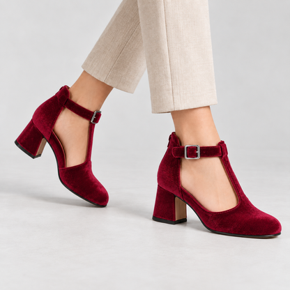 Esther Women's Soft Velvet Mary Jane Pumps, T-Bar Strap | Hudson & Wells