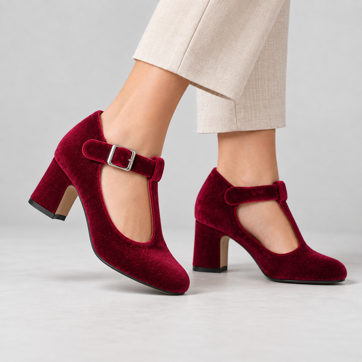 Esther Women's Soft Velvet Mary Jane Pumps, T-Bar Strap | Hudson & Wells