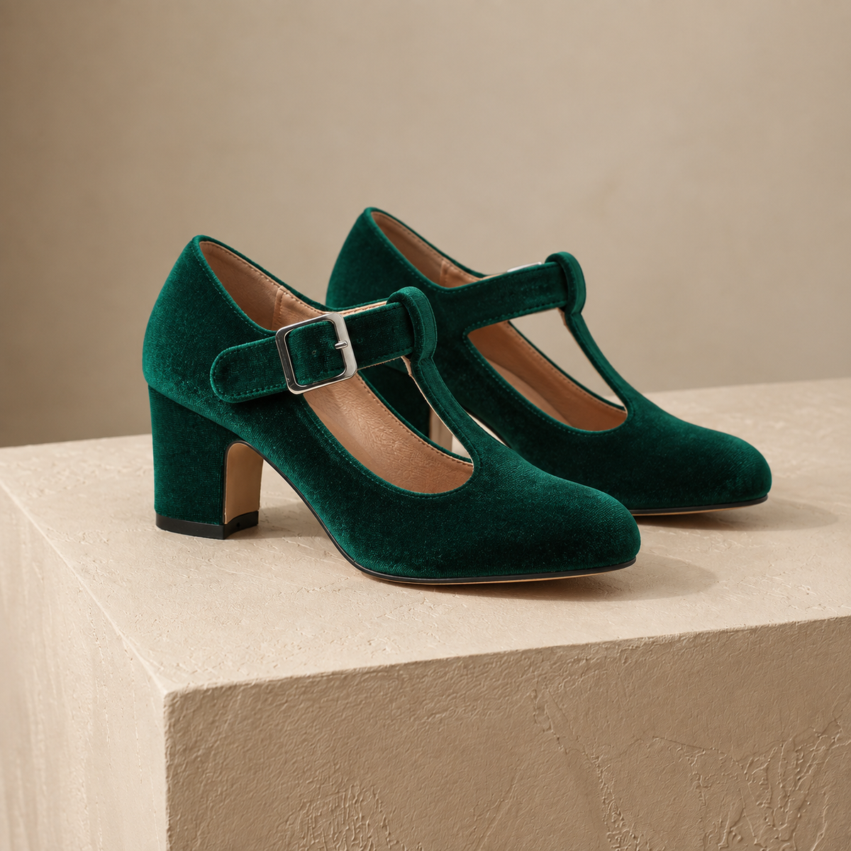Esther Women's Soft Velvet Mary Jane Pumps, T-Bar Strap | Hudson & Wells