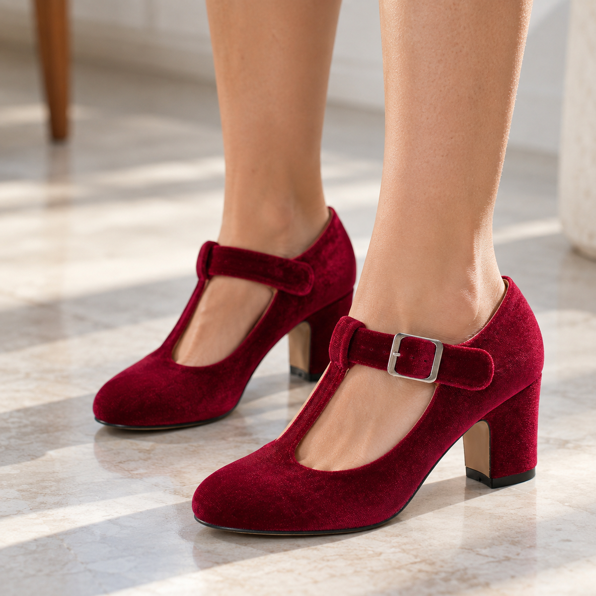 Esther Women's Soft Velvet Mary Jane Pumps, T-Bar Strap | Hudson & Wells