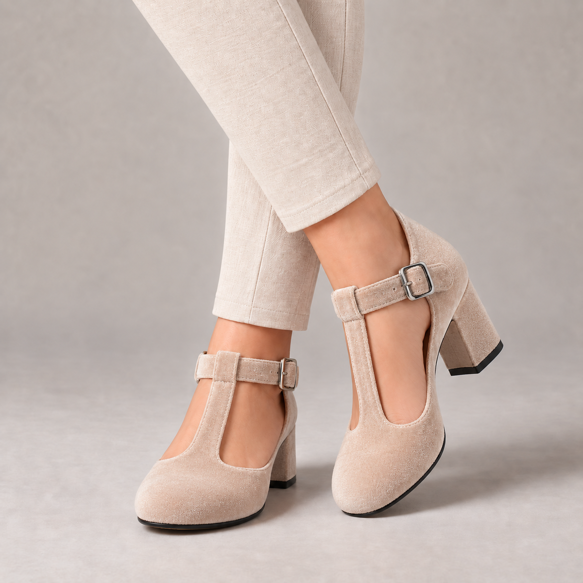 Esther Women's Soft Velvet Mary Jane Pumps, T-Bar Strap — Beige | Hudson & Wells