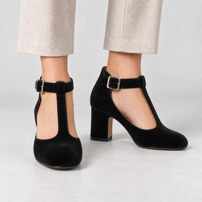 Esther Women's Soft Velvet Mary Jane Pumps, T-Bar Strap — Black | Hudson & Wells