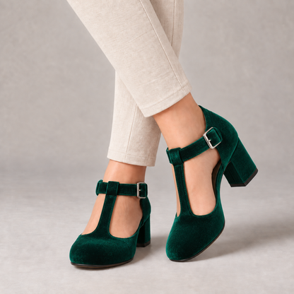 Esther Women's Soft Velvet Mary Jane Pumps, T-Bar Strap — Green | Hudson & Wells