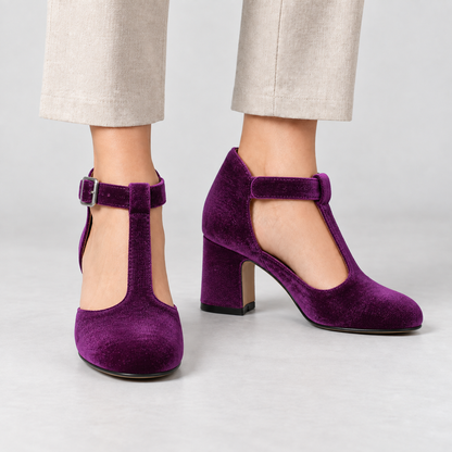 Esther Women's Soft Velvet Mary Jane Pumps, T-Bar Strap — Purple | Hudson & Wells