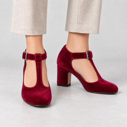 Esther Women's Soft Velvet Mary Jane Pumps, T-Bar Strap — Red | Hudson & Wells