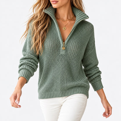 Georgina Soft Half-Zip Collared Pullover — Green | Hudson & Wells