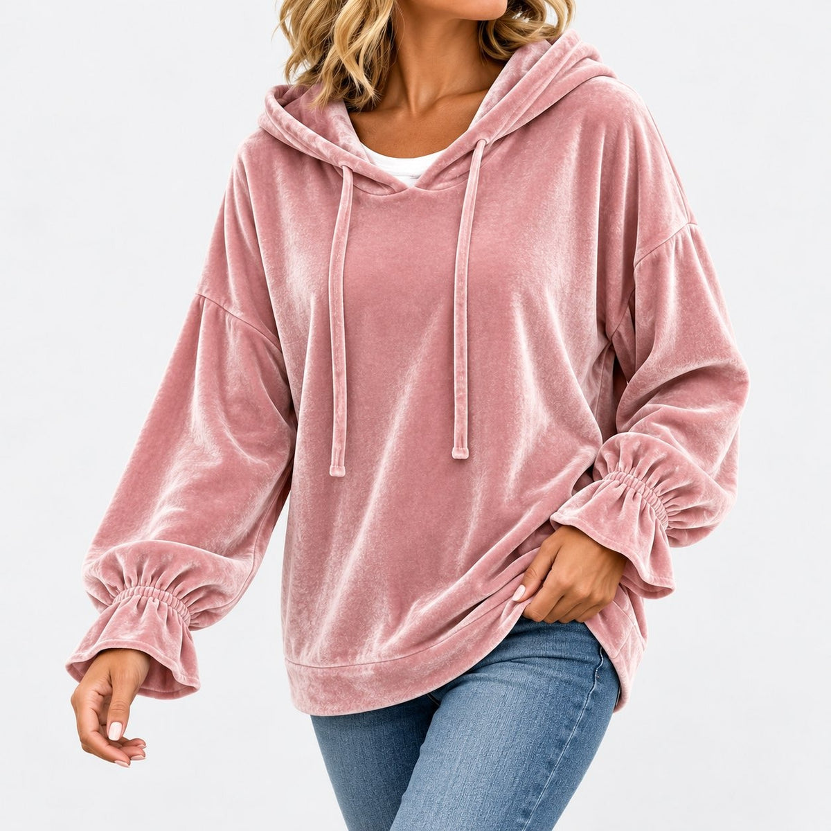 Gladys Relaxed Fit Ruffle-Cuff Hoodie, Drawstring | Hudson & Wells