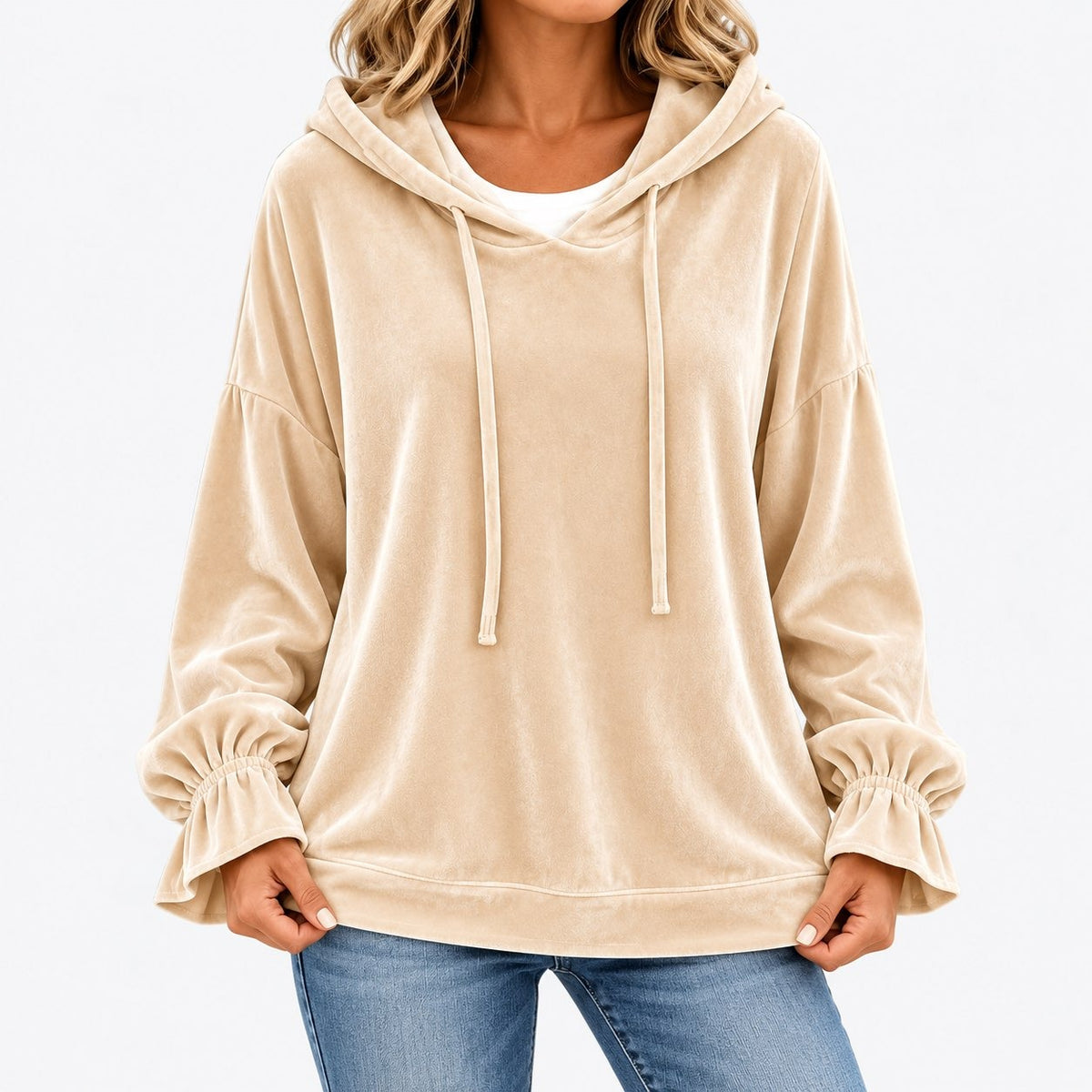 Gladys Relaxed Fit Ruffle-Cuff Hoodie, Drawstring — Apricot | Hudson & Wells