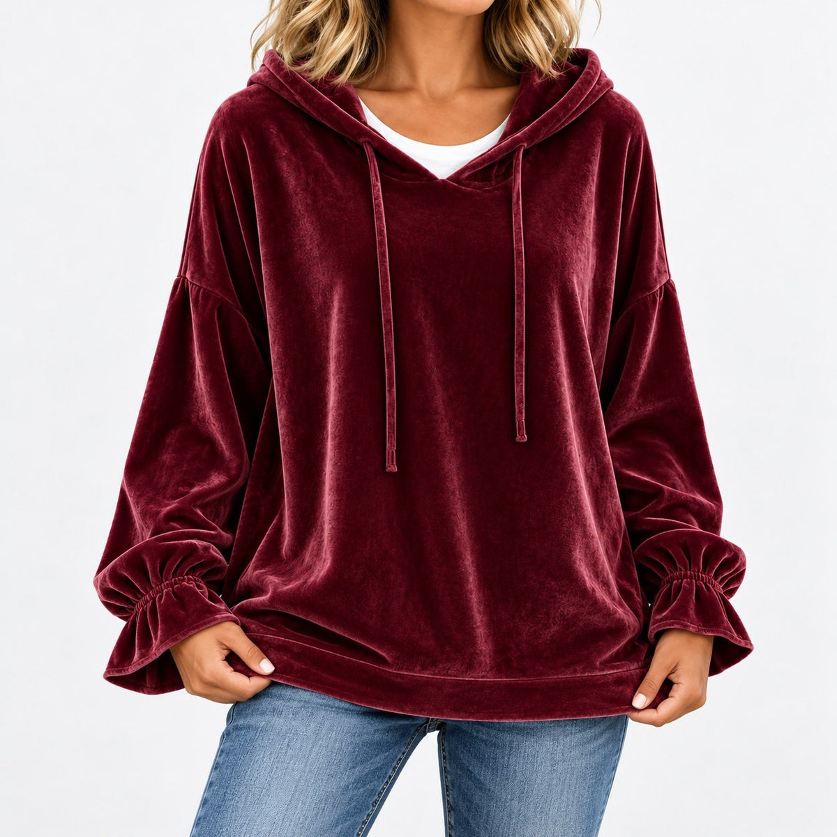 Gladys Relaxed Fit Ruffle-Cuff Hoodie, Drawstring — Burgundy | Hudson & Wells