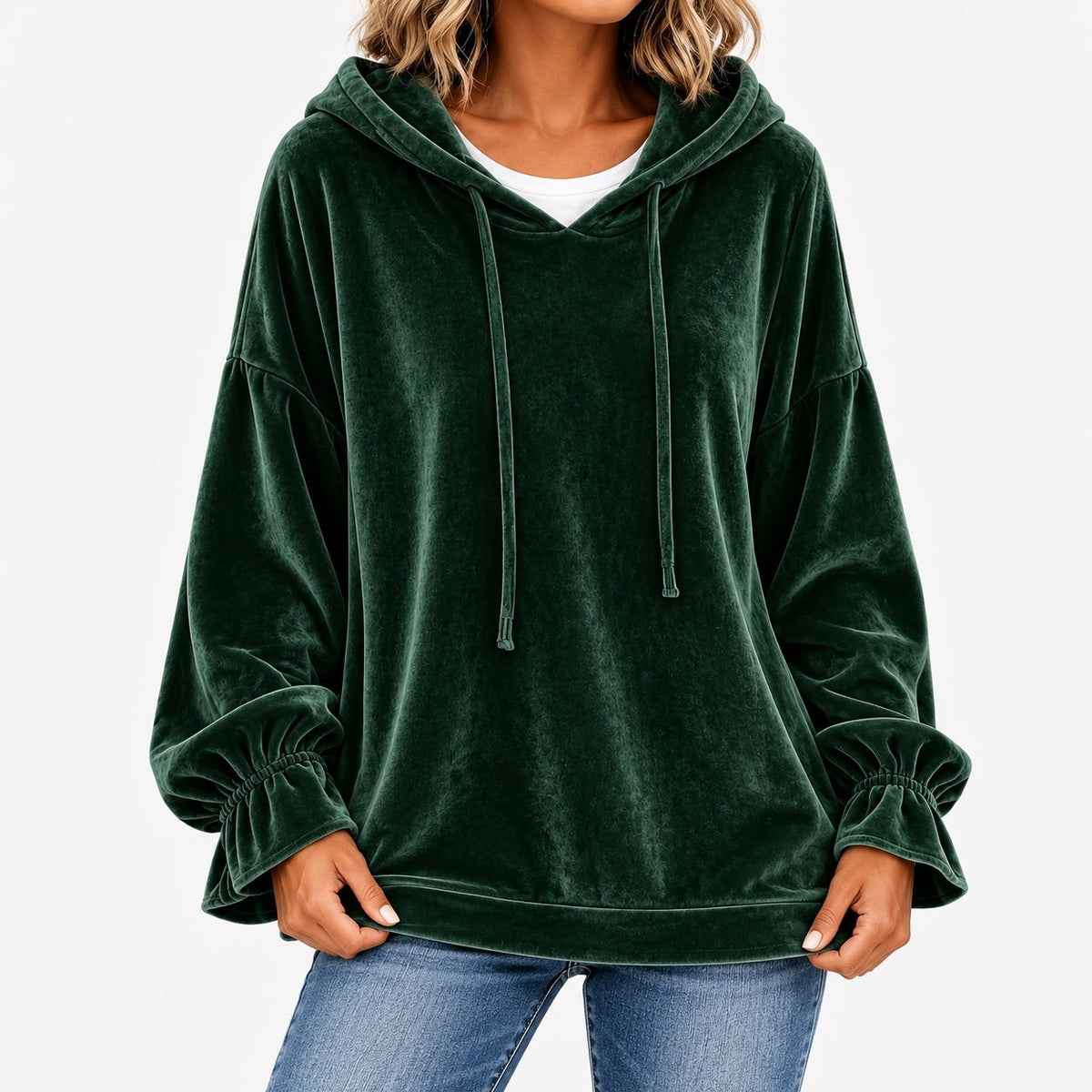 Gladys Relaxed Fit Ruffle-Cuff Hoodie, Drawstring — Green | Hudson & Wells