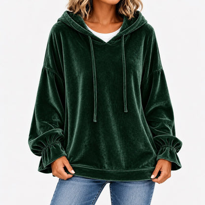 Gladys Relaxed Fit Ruffle-Cuff Hoodie, Drawstring — Green | Hudson & Wells