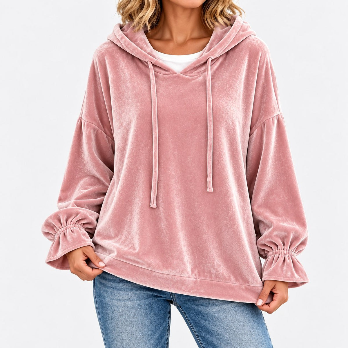 Gladys Relaxed Fit Ruffle-Cuff Hoodie, Drawstring — Pink / Red | Hudson & Wells